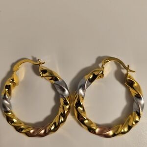 Gold Hoop Earrings With Silver And Rosegold Bands